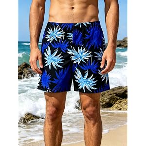 Men's Tropical Elastic Waist Loose Swim Trunks Drawstring Beach Shorts Holiday Casual