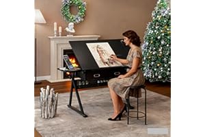 Roockky Drafting Table for Artists, Height Adjustable Drawing Table with Stool, Art Table Painting Table Art Craft Desk with 0-75° Tilting Wood Tabletop and Storage for Home Office, Black