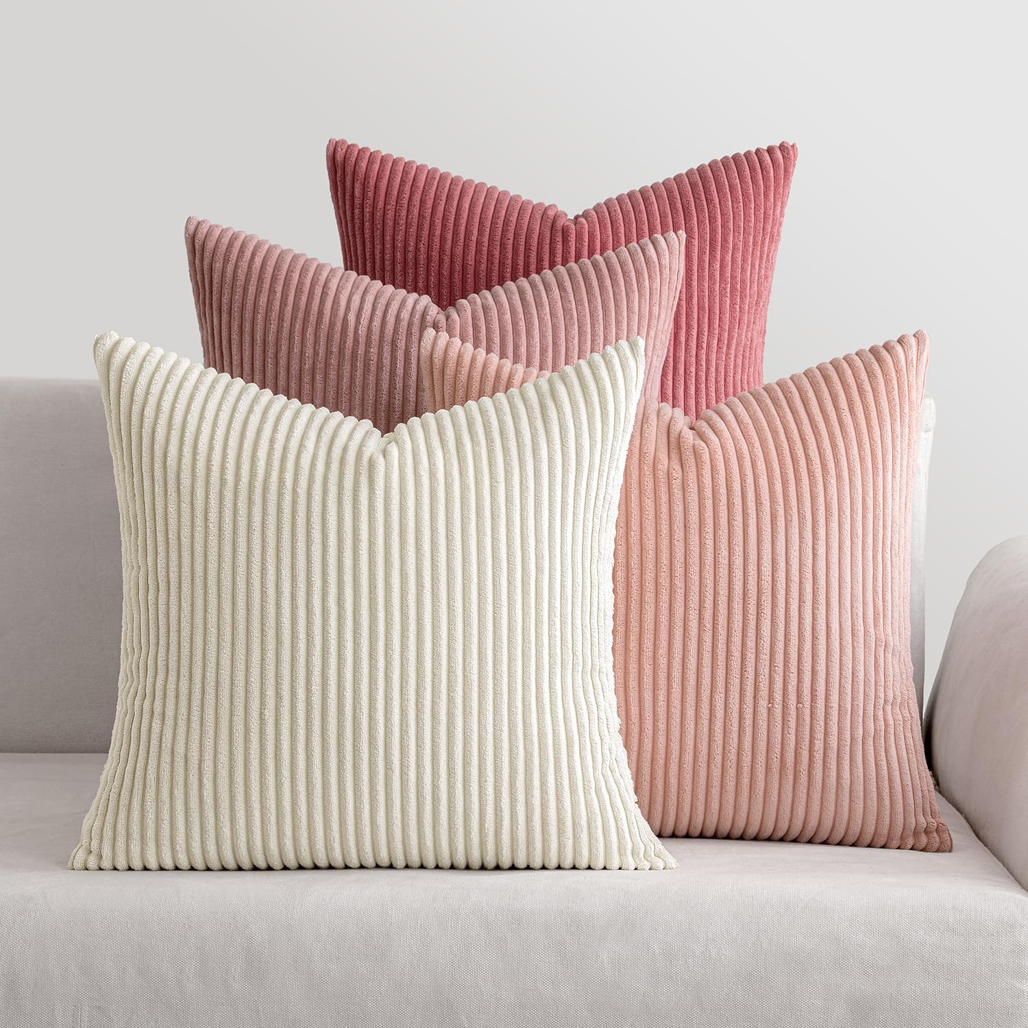 MIULEE Corduroy Cushion Covers Soft Decorative Square Throw Pillow Covers for Spring Cushion Soft Pillowcase Striped Corduroy Cushion Covers Pack of four for Home decor Sofa 18x18 Inch Pink