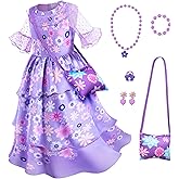 Purple Princess Costume Dress for Girls Birthday Halloween Party Dress Up with Bag Necklace Earrings Ring