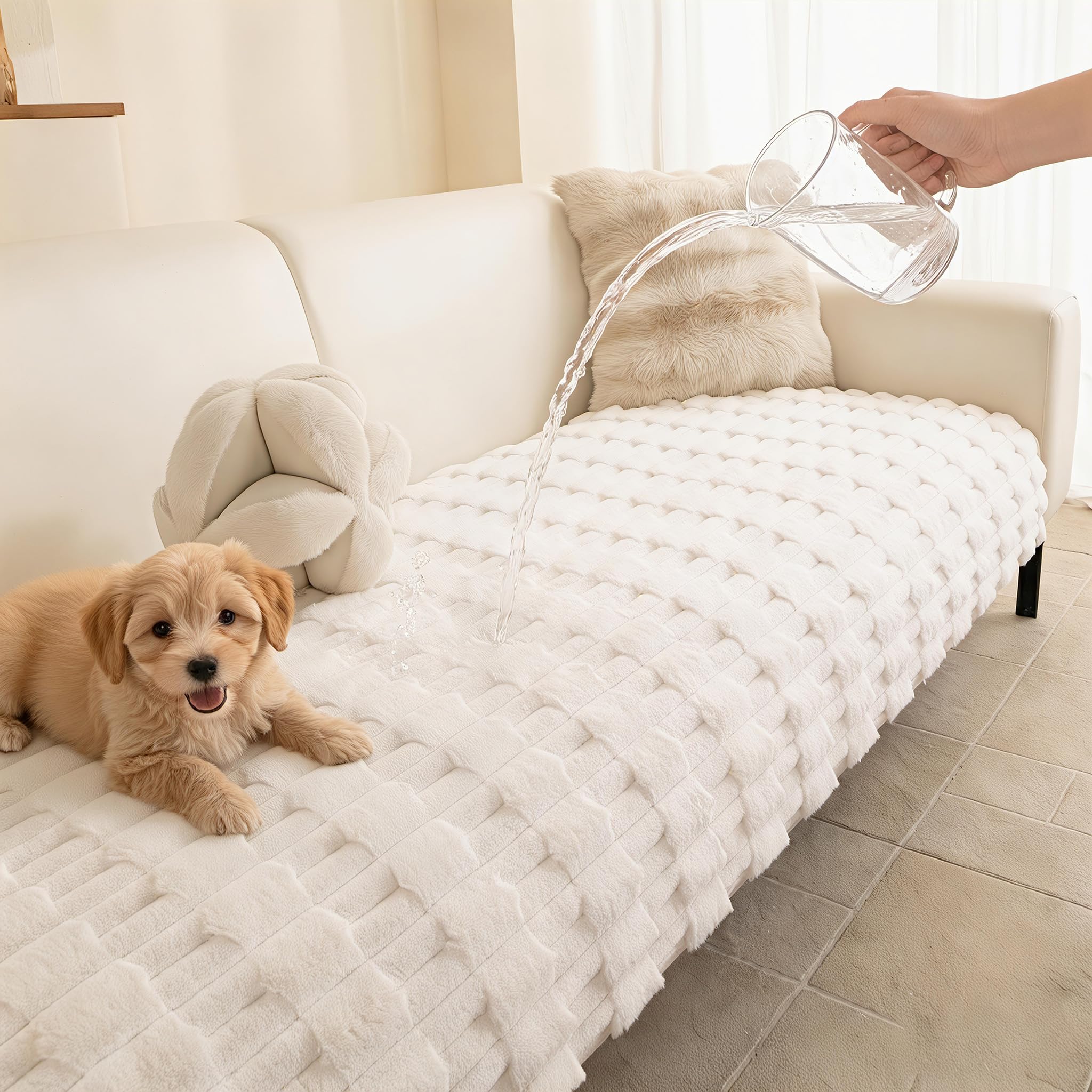 MYSKY HOME 100% Waterproof Couch Cover for Dogs, Plush Pet Couch Covers for Sofa Washable, Couch Covers for 3 Cushion Sofa Pet Friendly, Non-Slip Durable Sofa Cover Slipcover Protector, Cream, 35"x71"