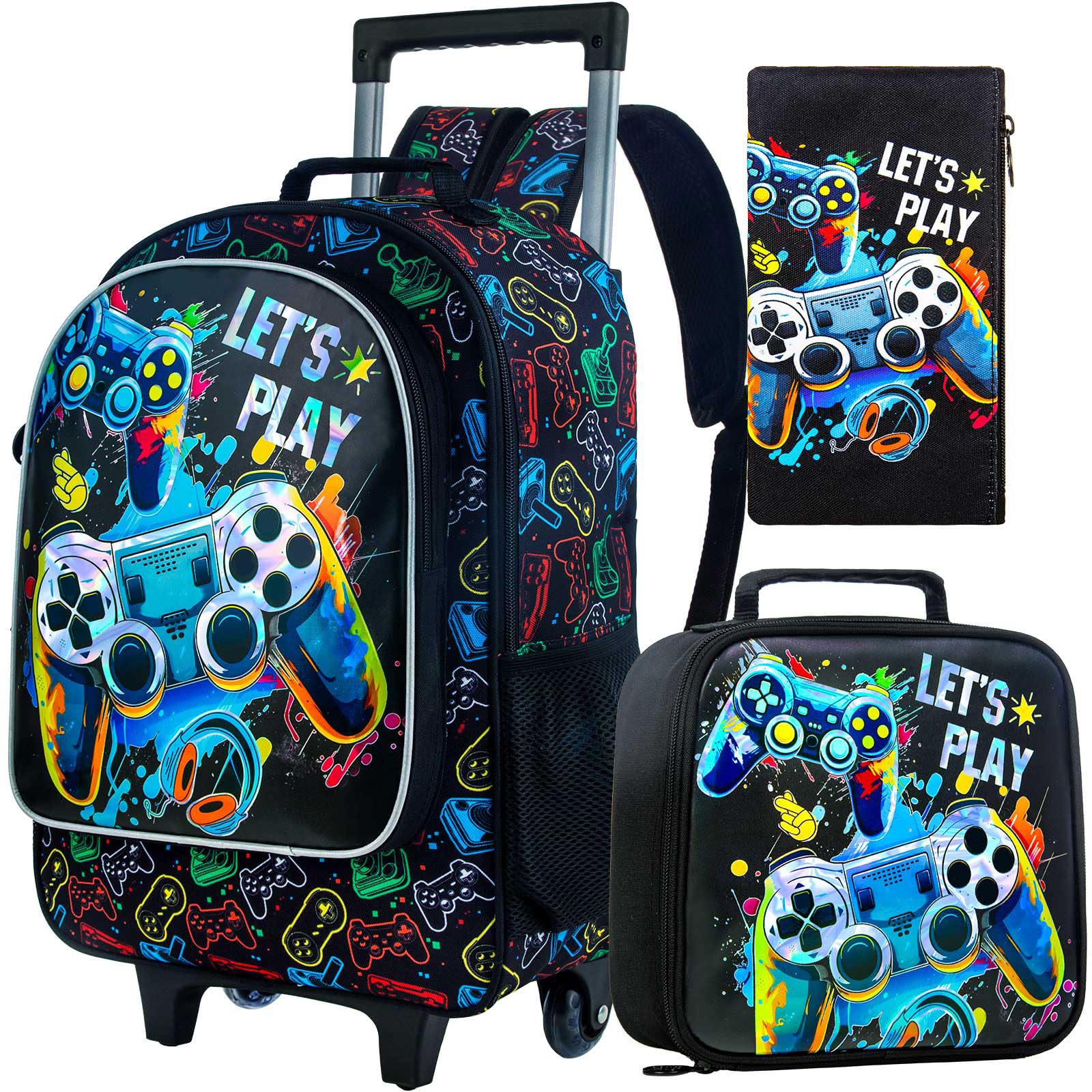 Photo 1 of KLFVB Rolling Backpack for Boys, 3PCS Kids Roller Bookbag with Lunch Bag, Wheeled School Bag for Children - Game Console