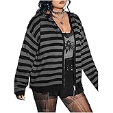 BEAUDRM Women's Plus Size Striped Cardigan Sweater Goth Grunge Zip Up Sweater Hoodies Long Sleeve Drop Shoulder Hoodie