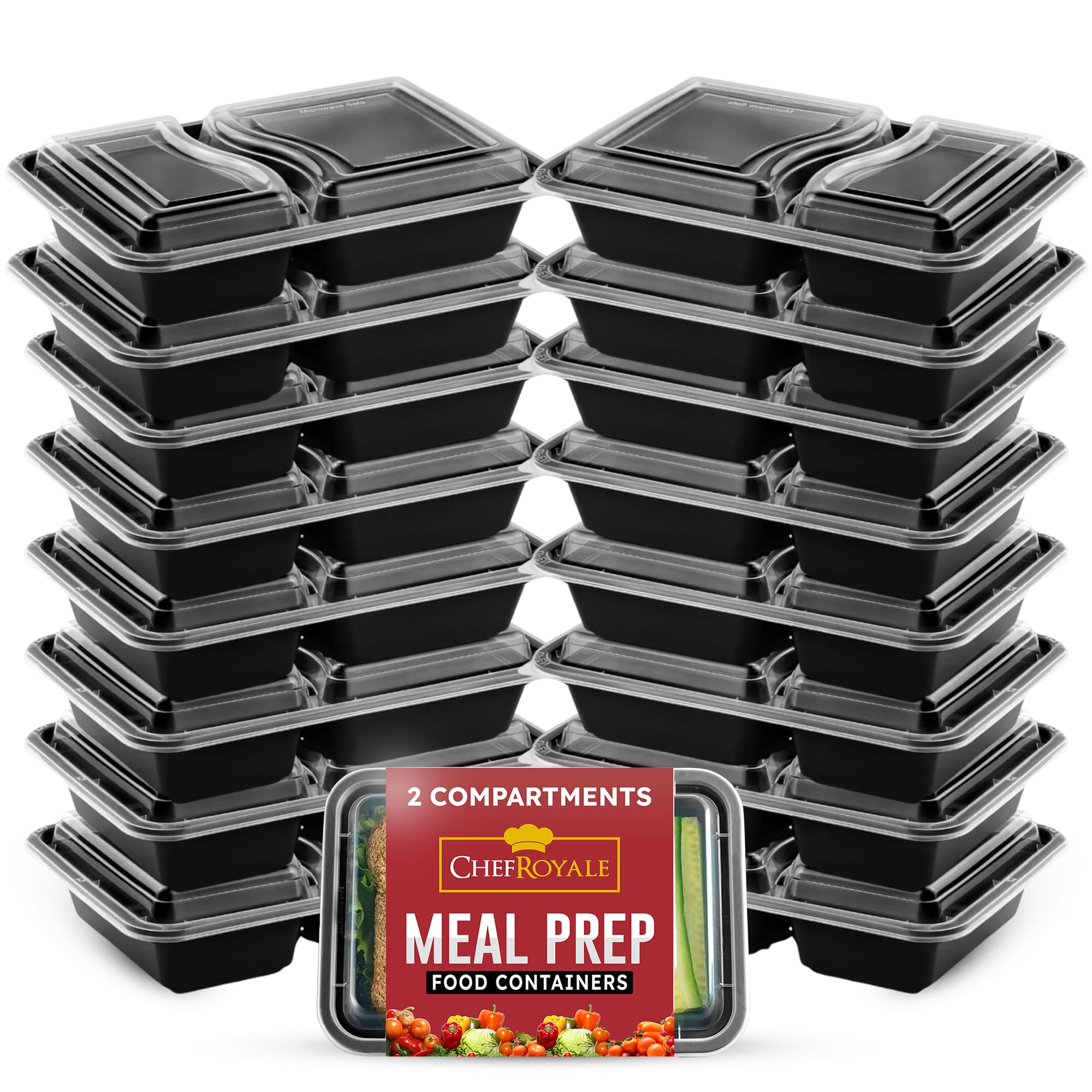 CHEF ROYALE Pack of 12, 2 Compartments Meal Prep Containers- 28oz BPA Free Reusable Storage Containers with Airtight Lids - Microwave, Freezer, and Dishwasher Safe - Stackable Lunch Boxes (12 Pack)