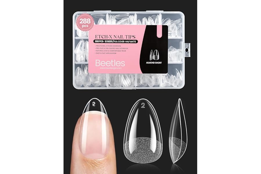 Beetles Gel Nail Tips Etch-X, Almond Short Fake Nails, 288pcs 12 Sizes, Press on Pre-Etched Half Matte Full Cover Acrylic False Nail Tips Almond Shape Nail Supplies Easy DIY Extension Gift for Women