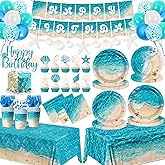 Beach Birthday Party Decorations, 183Pcs Ocean Waves Birthday Party Decorations Summer Pool Hawaiian Beach Party Supplies Plates,Napkins,Cups,Banner,Tablecloth,Balloons,Cupcake Topper,Serves 24