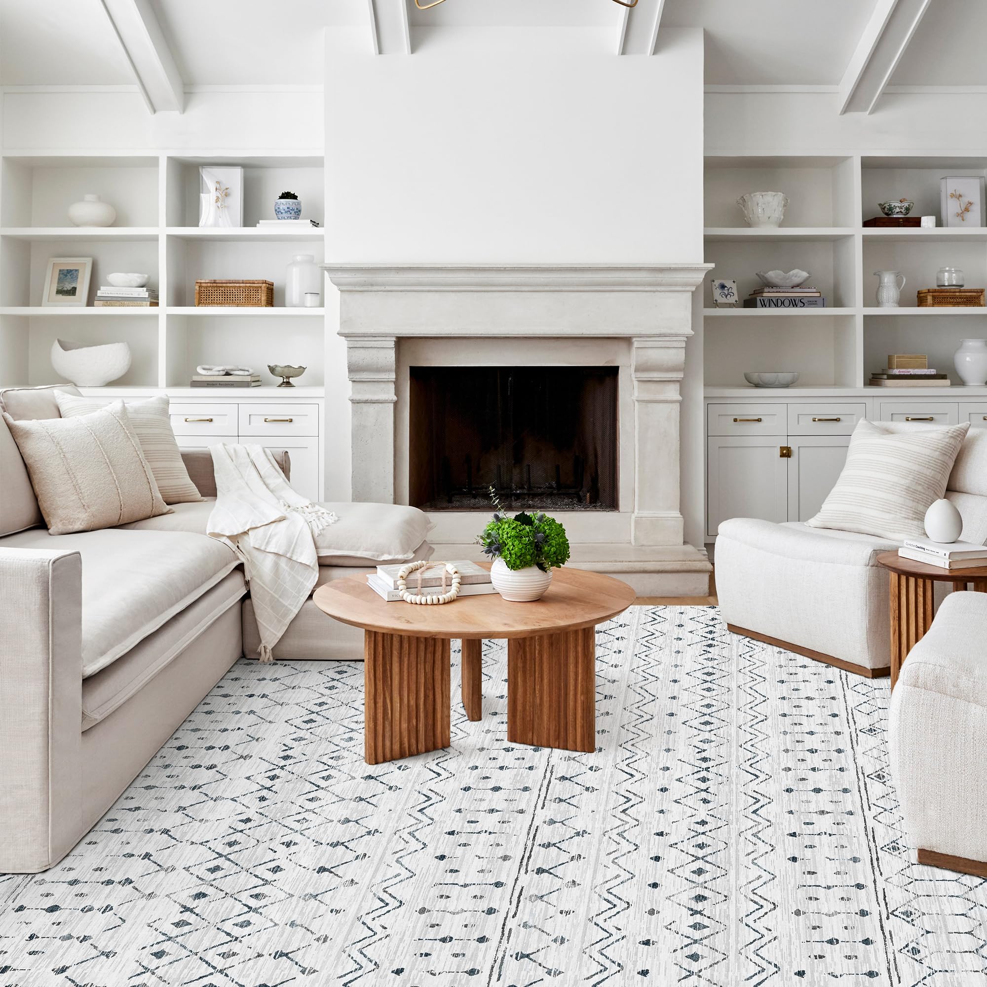 Photo 1 of Deerly Carpet for Living Room, Boho Washable Rugs 9x12, Moroccan Area Rug Farmhouse Distressed Rug with Non-Slip Backing, Large Soft Neutral Indoor Rug for Bedroom Dining Room, White/Dark Grey