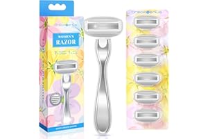 DREAMGENIUS Razors for Women Include 1 Non-Slip Metal Handle and 7 Blade Refills, 5 Premium Blades Women's Razors for Shaving with 360° Lubrication Reduces Irritation, Silver