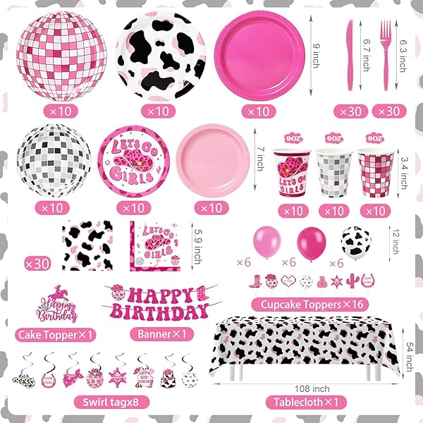 COWGIRL BIRTHDAY PARTY DECORATIONS SUPPLIES – 229 PCS WESTERN DISCO PARTY KIT WITH BANNER, PLATES, CUPS, CUTLERY, BALLOONS & TABLE COVER, SERVE 30