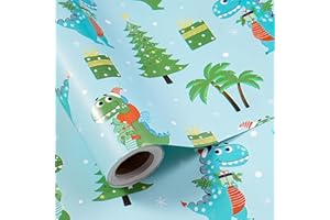 LeZakaa Christmas Dino Wrapping Paper Roll for Kids Boys, Cute Cartoon Dinosaur Gift Wrap with Presents Trees for Christmas Holiday, Party Decor, Mini Roll 17 in x 16.4 Feet