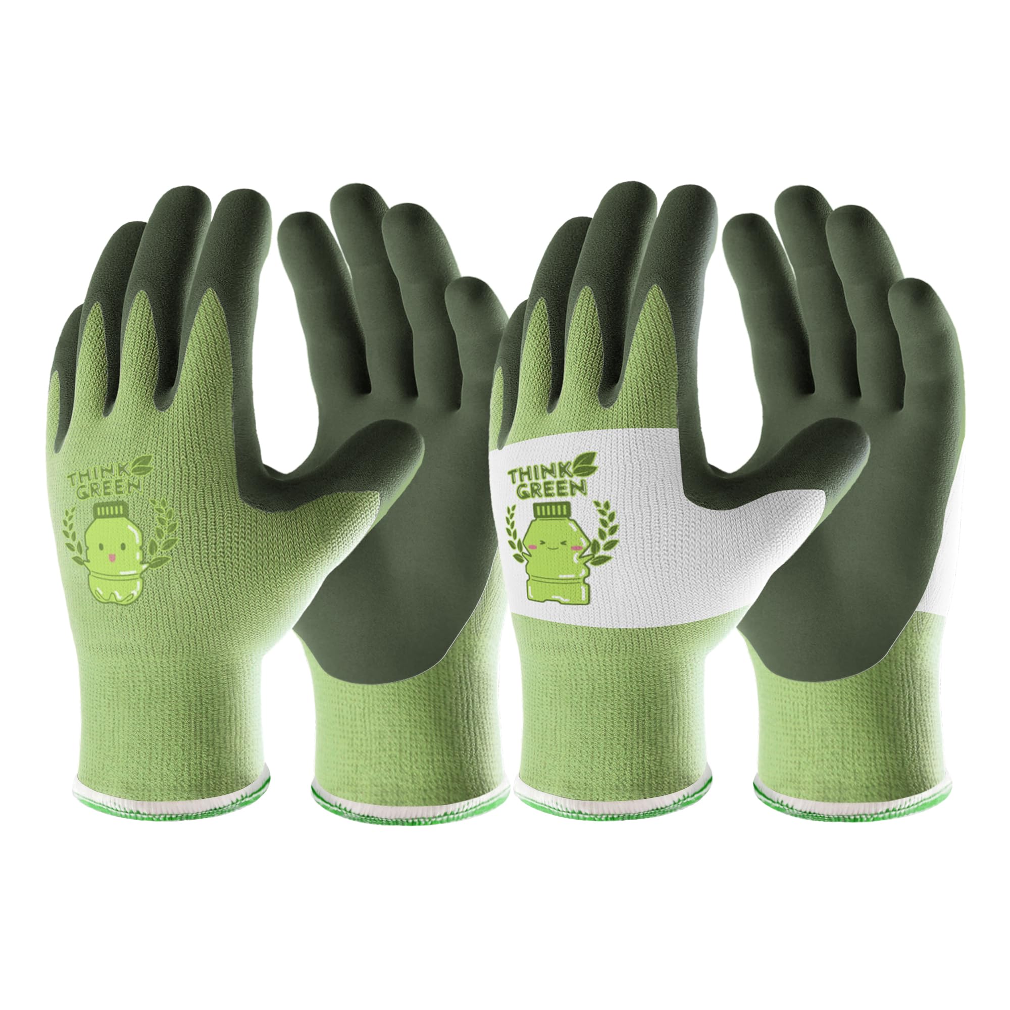 COOLJOB Kids Gardening Gloves for Age 6-8, 2 Pairs Recycled Polyester for Boys Girls, Breathable Rubber Coated Children's Work With Non-Slip Grip, Green & White (2 Pairs XS)