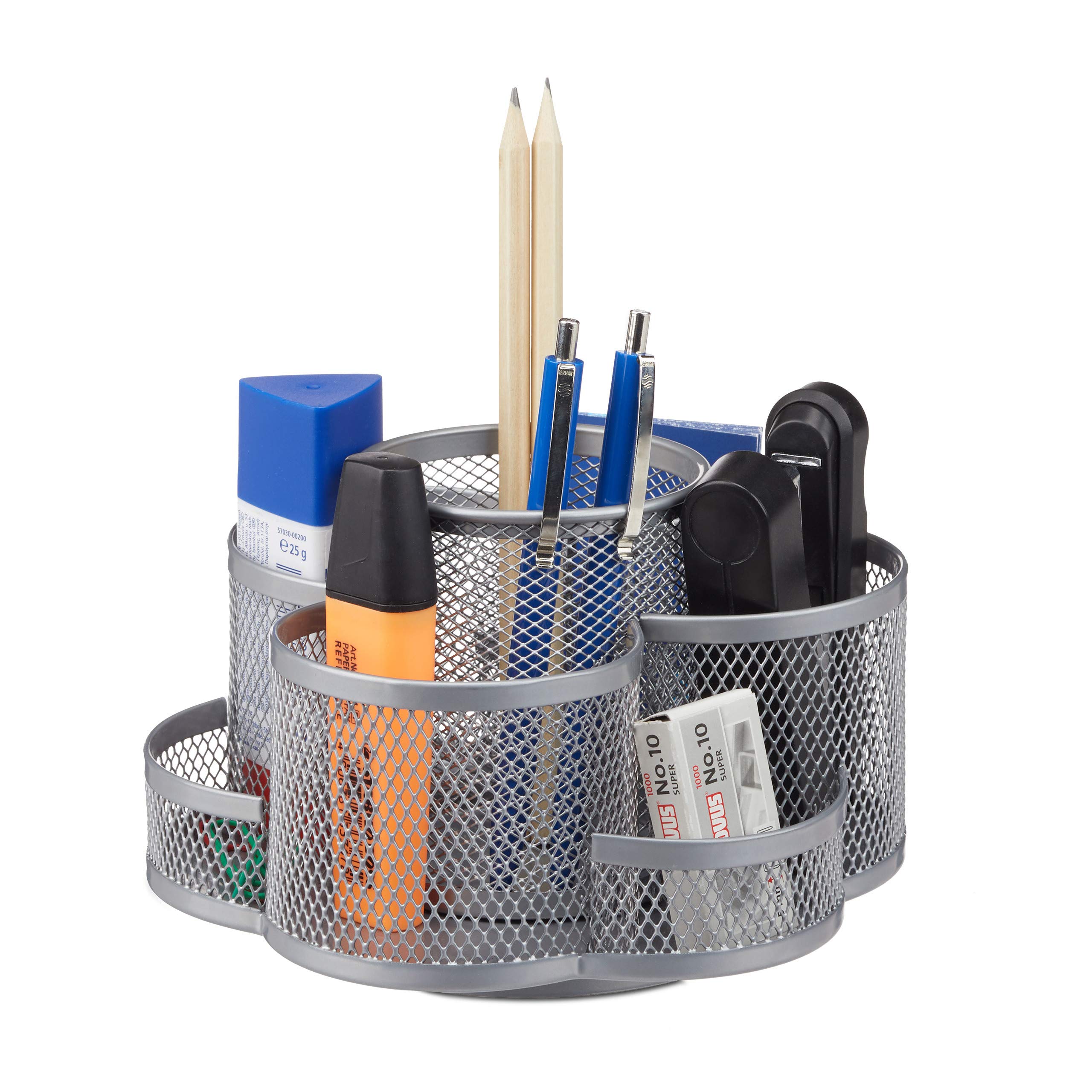 Relaxdays Pencil Holder, Metal Mesh, 7 Compartments, Rotatable, Round Desk Organizer, Silver