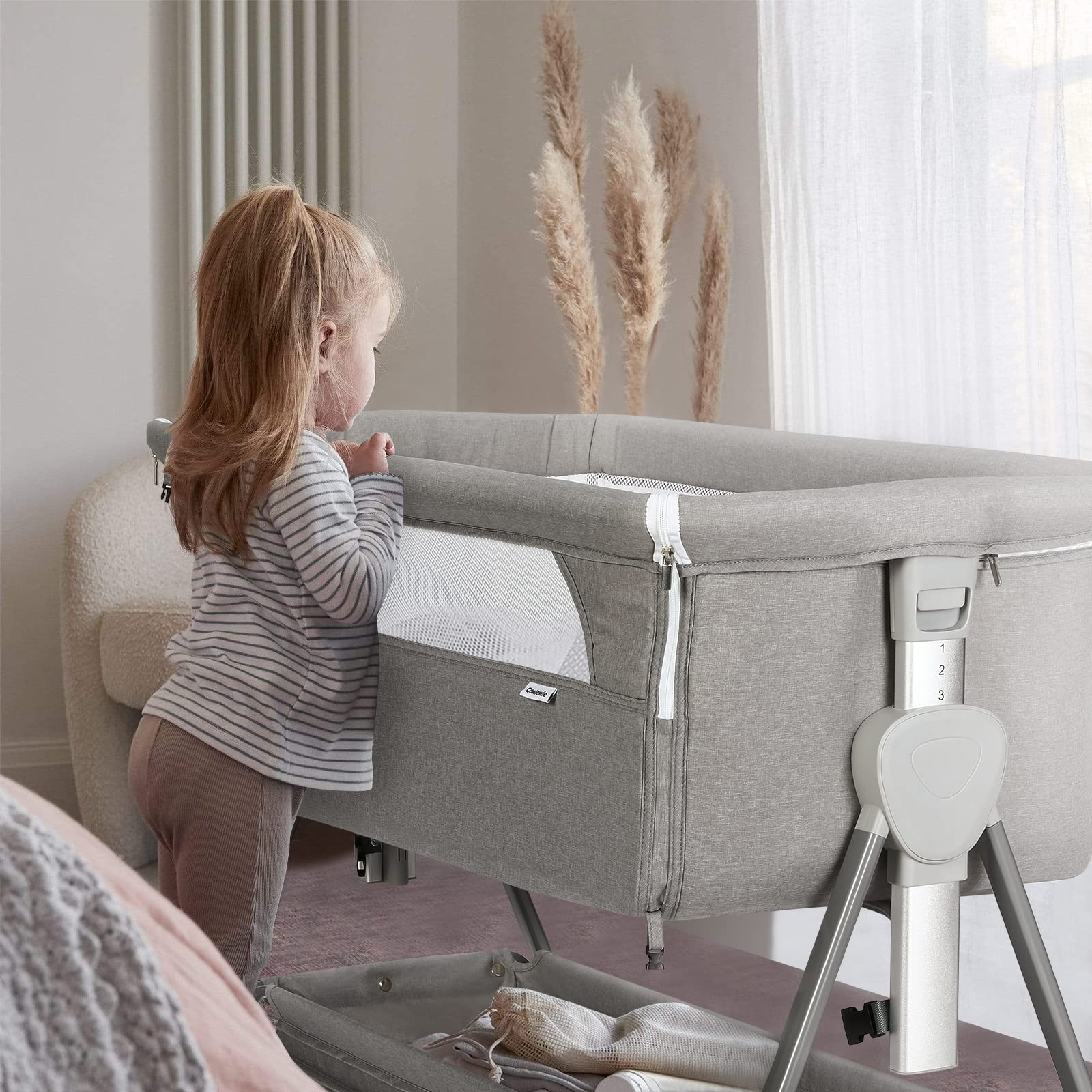 Cowiewie Bassinet Bedside Sleeper, Baby Bassinet with 7 Adjustable Height, Bedside Bassinets for Baby with Breathable Mesh Sides & Mattress, XL Storage, Easy Folding Crib (Pyramid Light Gray)