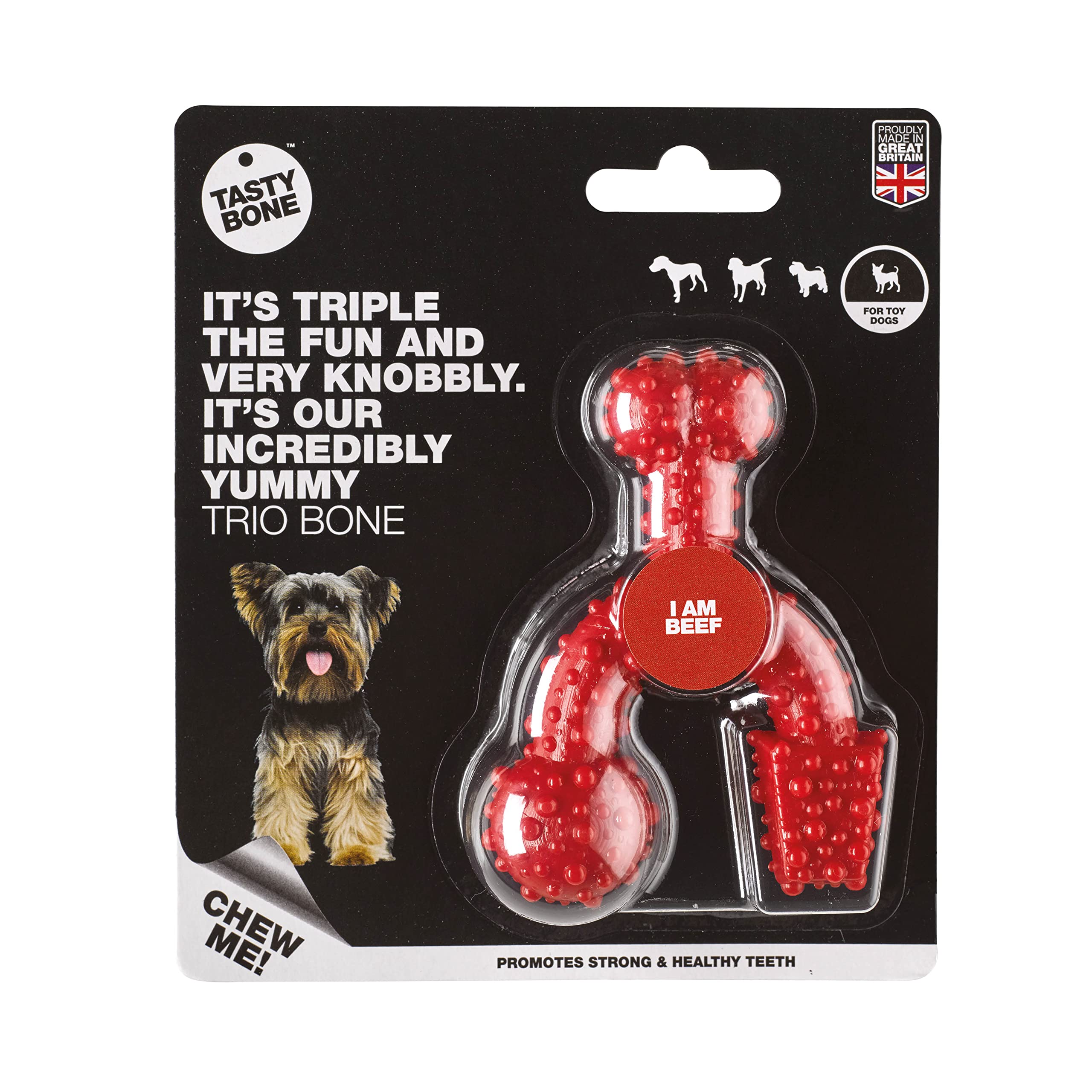 TastyBone TrioBone Nylon Dog Chew Toy for Toy Dogs (Beef) - Indestructible for Aggressive Chewers, Everlasting Flavour, Strong Healthy Teeth, Made in the UK