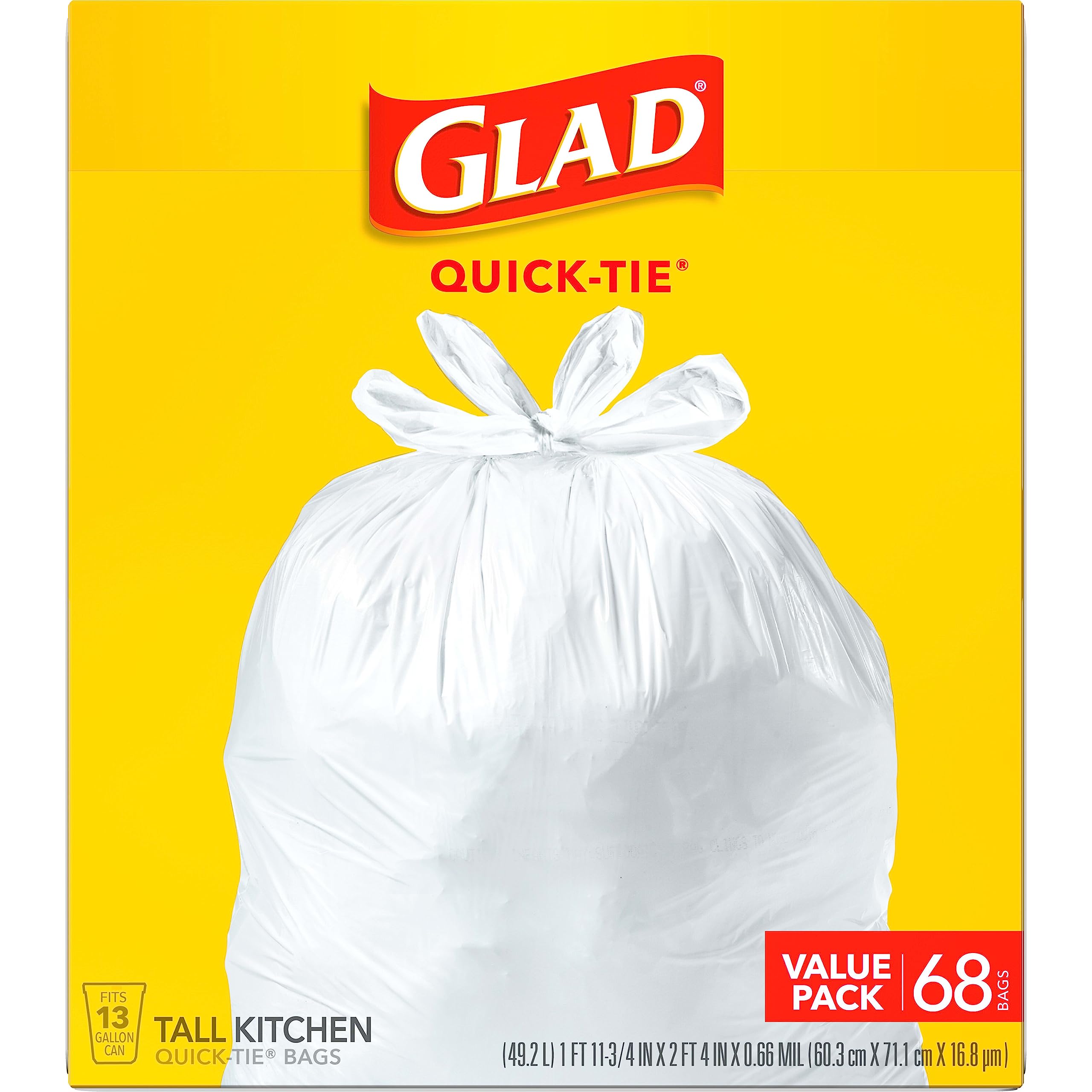 Glad Tall Kitchen Trash Bags 13 Gallon, Unscented Garbage Bags, Quick-Tie, 68 Count