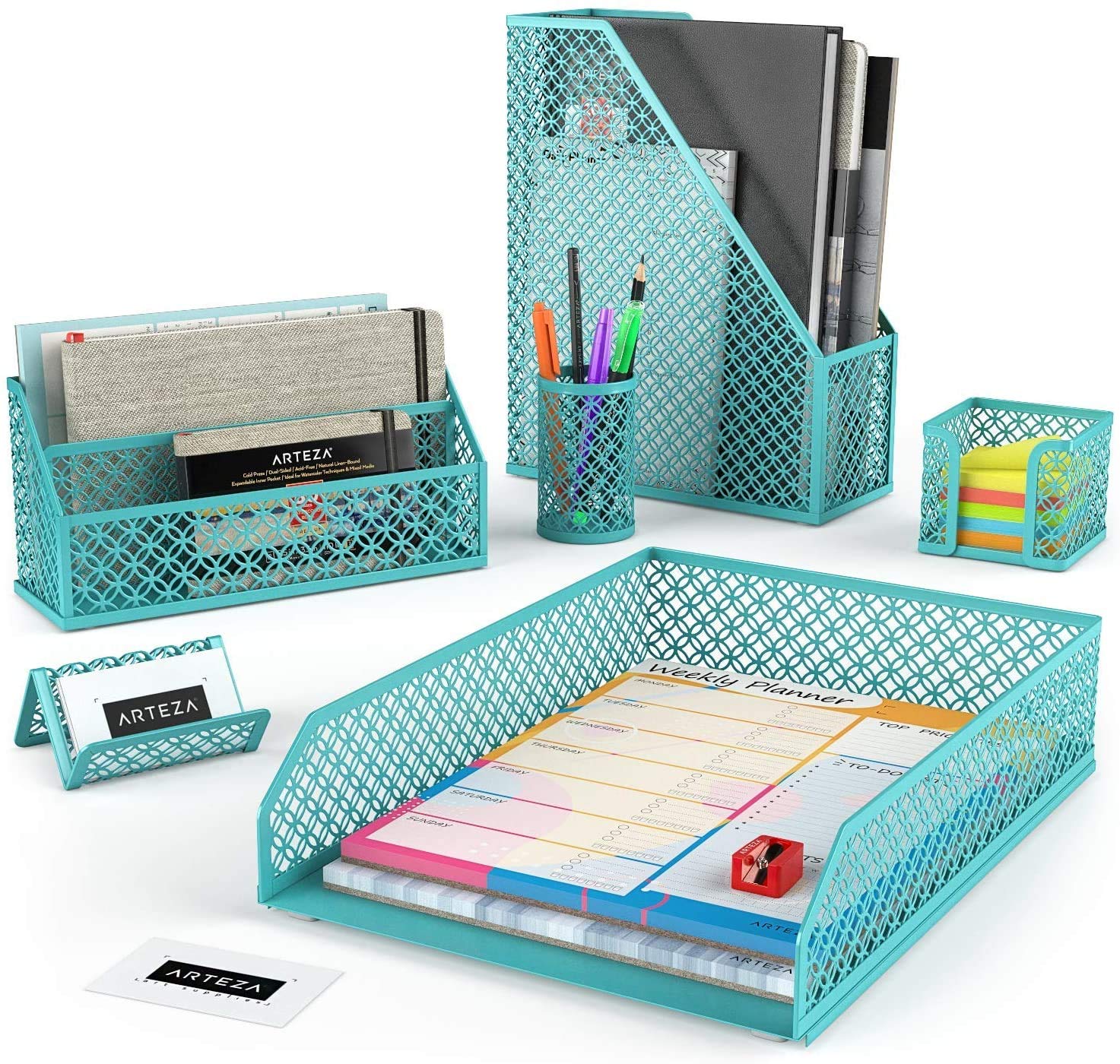 ARTEZA Desk Organiser Set in Blue, 6-Piece Includes Pen & Pencil Pot, Letter Sorter, Letter Tray, Mesh Magazine Rack, Name Card & Sticky Note Holder to Keep Your Desk Tidy and Organised