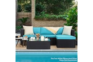 VITESSE Patio Furniture Sets All Weather Outdoor Sectional Sofa Manual Weaving Wicker Rattan Patio Conversation Set with Cushion and Glass Table (5 Pieces, Light Blue)