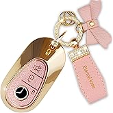 Simocky Key Fob Cover with Diamond Keychain for Mercedes Benz Car Key Shell Compatible with Benz S-Class G-Class E-Class 2020-2022 Smart Key Protector (3 Buttons-Pink Bowknot)