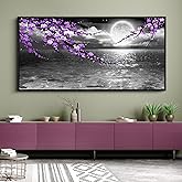 yiijeah Extra Large Paintings for Living Room - Purple Wall Decor Plum Blossom Moon Ocean Canvas Picture Framed Artwork Black and White Seascape Wall Art Home Bedroom Decoration