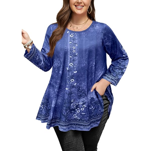 CURVYFRIENDS Plus Size Tunic Top - Loose Fit Long Sleeve Printed Tee For Curvy Women - View #3