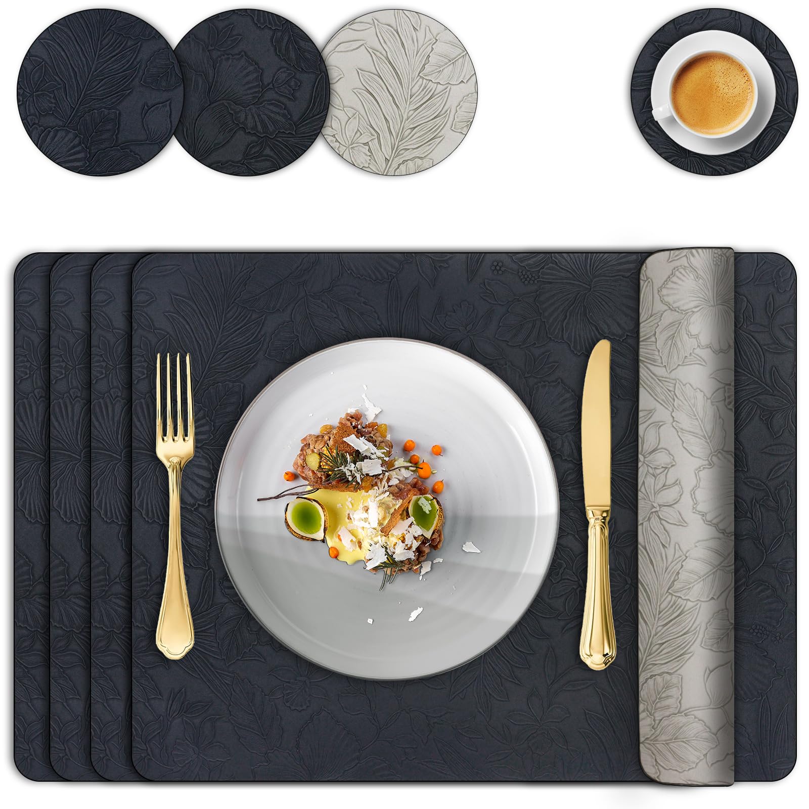 Placemats and Coaster Sets 4, Leather Floral Dining Table Mats 30x43 cm Waterproof Dual Sided Two-Color Kitchen Place Mats Heat Resistant Non-Slip Washable Coffee Mat for Restaurant Hotel (Black Grey)
