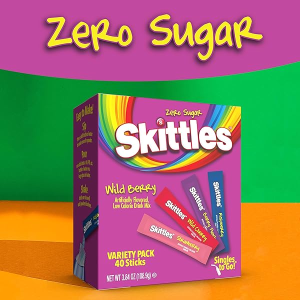 SKITTLES SINGLES TO GO WILD BERRY VARIETY PACK, WATERTOK POWDERED DRINK MIX, ZERO SUGAR, LOW CALORIE, INCLUDES 4 WILD BERRY FLAVORS, 1 BOX (40 SINGLE SERVINGS)