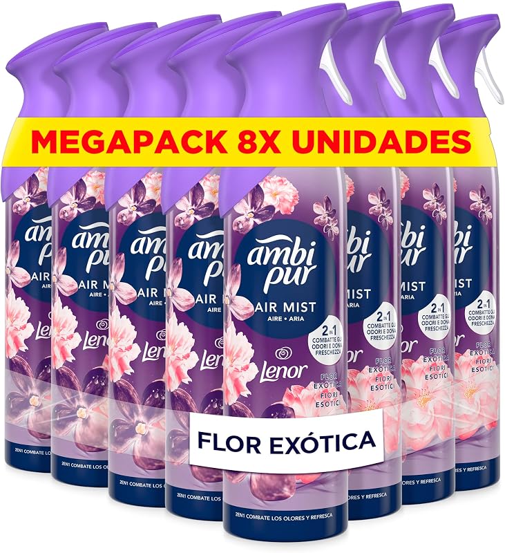 Ambipur Flor Exótica Ambientador En Spray 185ml x 8, Con Una Fragancia El Doble De Duradera Que Elimina Olores Y Deja Un Aroma Fresco Y Ligero