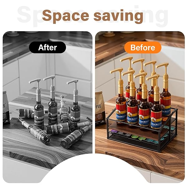 KIMILUS COFFEE SYRUP RACK ORGANIZER, 3-TIER 8 BOTTLE SYRUP RACK WITH 35 K CUP DRAWER FOR COFFEE BAR, COUNTERTOP BOTTLE HOLDER STAND FOR DRESSING FOR KITCHEN CAFE STATION
