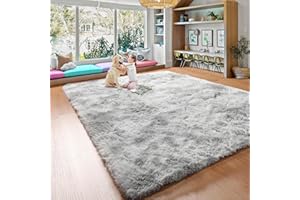 BSTLUV Soft Shag Area Rugs 4x6 Tie-Dyed Light Grey Fluffy Fuzzy Carpet for Bedroom, Non Slip Furry Throw Rug for Living Room Bedside Dorm Nursery Kids Playroom, Small Accent Rugs for Men Girls Boys