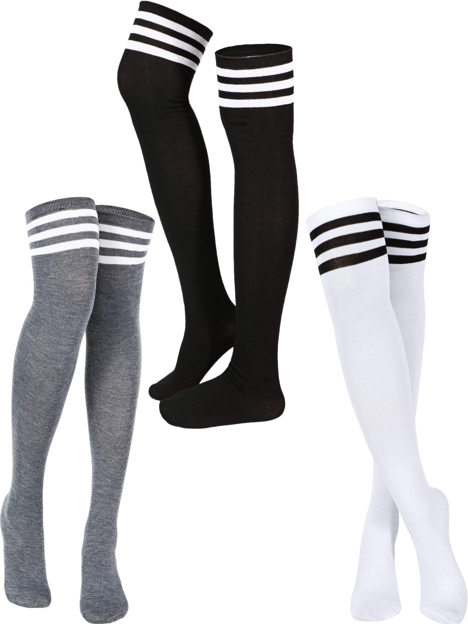 Photo 1 of SATINIOR 3 Pairs Knee High Socks Thigh High Triple Stripe over the Knee Thigh High Long Socks Long Opaque Thigh Stockings(Mixed Color,One Size)