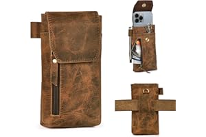 Leather Village Genuine Leather 7”x3.5” Phone Holster Pouch with Belt Clip, Magnetic Closure, ID Card Holder - Brown Universal Case for iPhone, Samsung Galaxy, Google Pixel