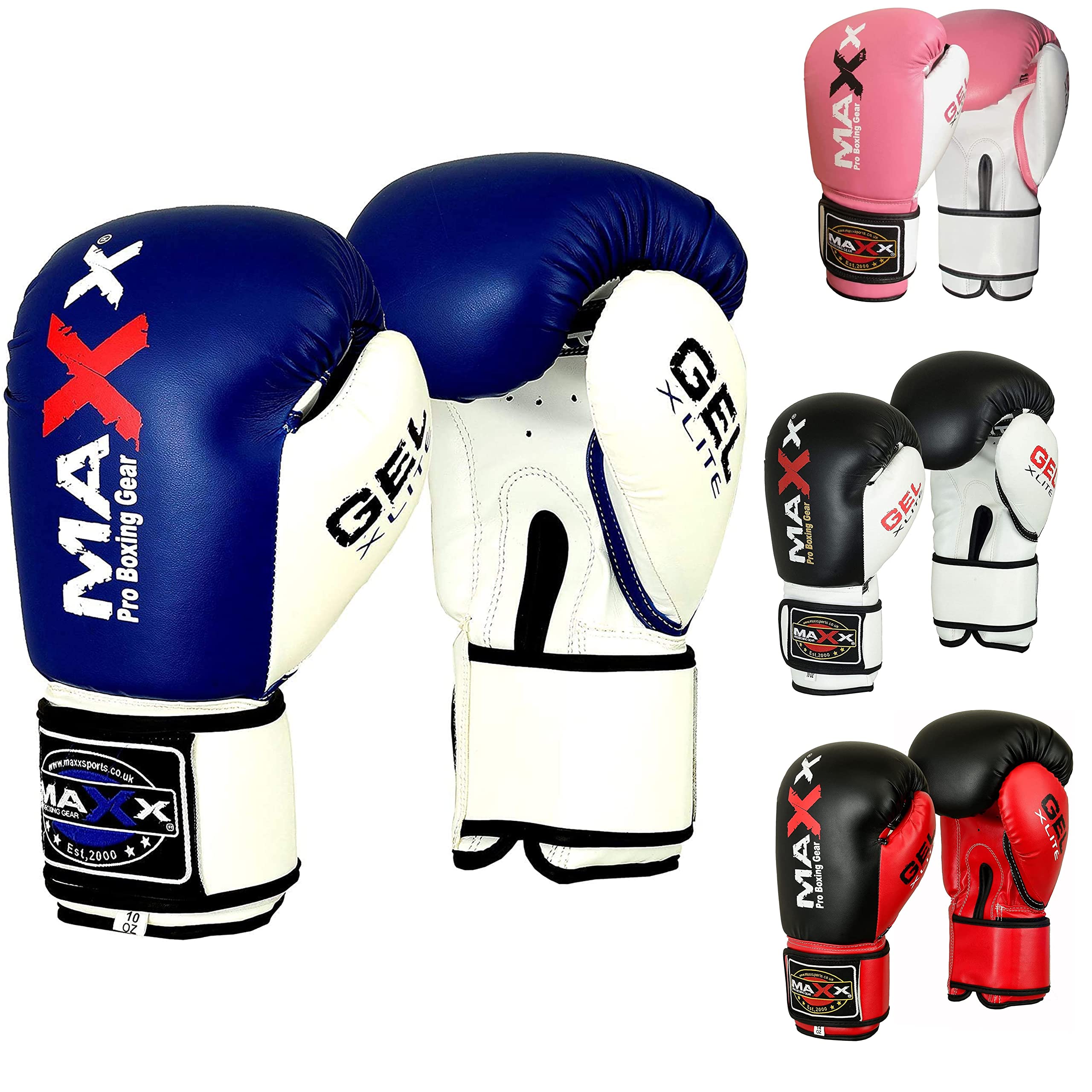 Maxx Boxing Gloves Training Gloves Junior Kids & Adult Sizes Rex Leather Sparring Gym Fitness, 4 6 8 10 12 14 16 Oz (Blue White, 8oz)