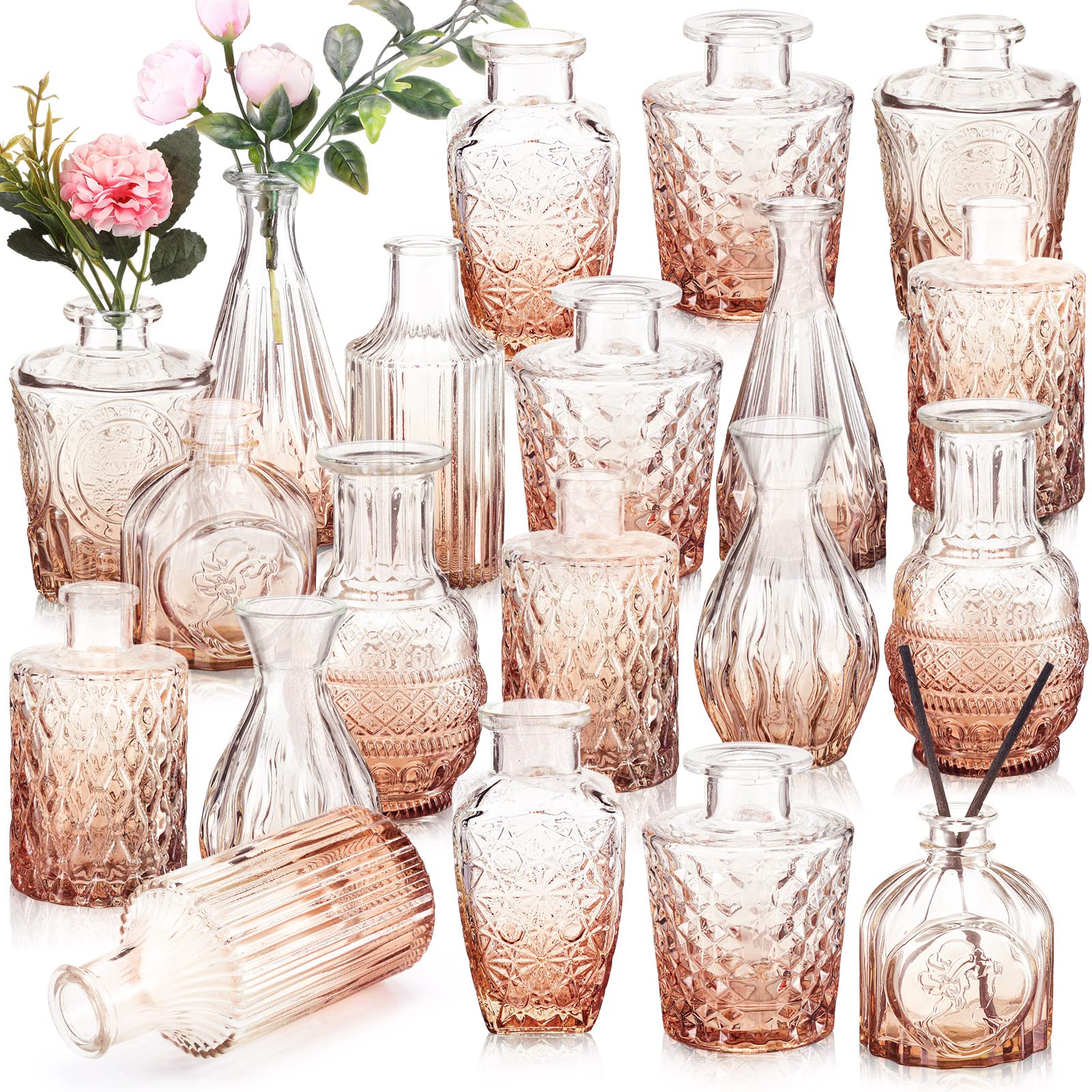 Photo 1 of 20 Pcs Glass Bud Vase Set Small Vintage Flower Vase in Bulk for Centerpieces Rustic Decorative Glass for Wedding Table Home Christmas Decoration (Pink Orange)