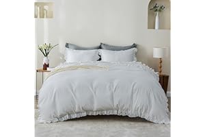 Simple&Opulence Kids 100% Organic Cotton Queen Duvet Cover Ruffle 3Pcs(1 Comforter Cover 2 Pillowcases) Cute Lace Vintage Boho Shabby Chic Farmhouse Bedding Set Teen Girls(White, Queen)