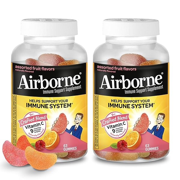 AIRBORNE 750MG VITAMIN C GUMMIES FOR ADULTS, IMMUNE SUPPORT GUMMIES WITH POWERFUL ANTIOXIDANTS VIT C & E, CAFFEINE FREE – 2X63CT BOTTLE (42 SERVINGS), ASSORTED FRUIT FLAVOR