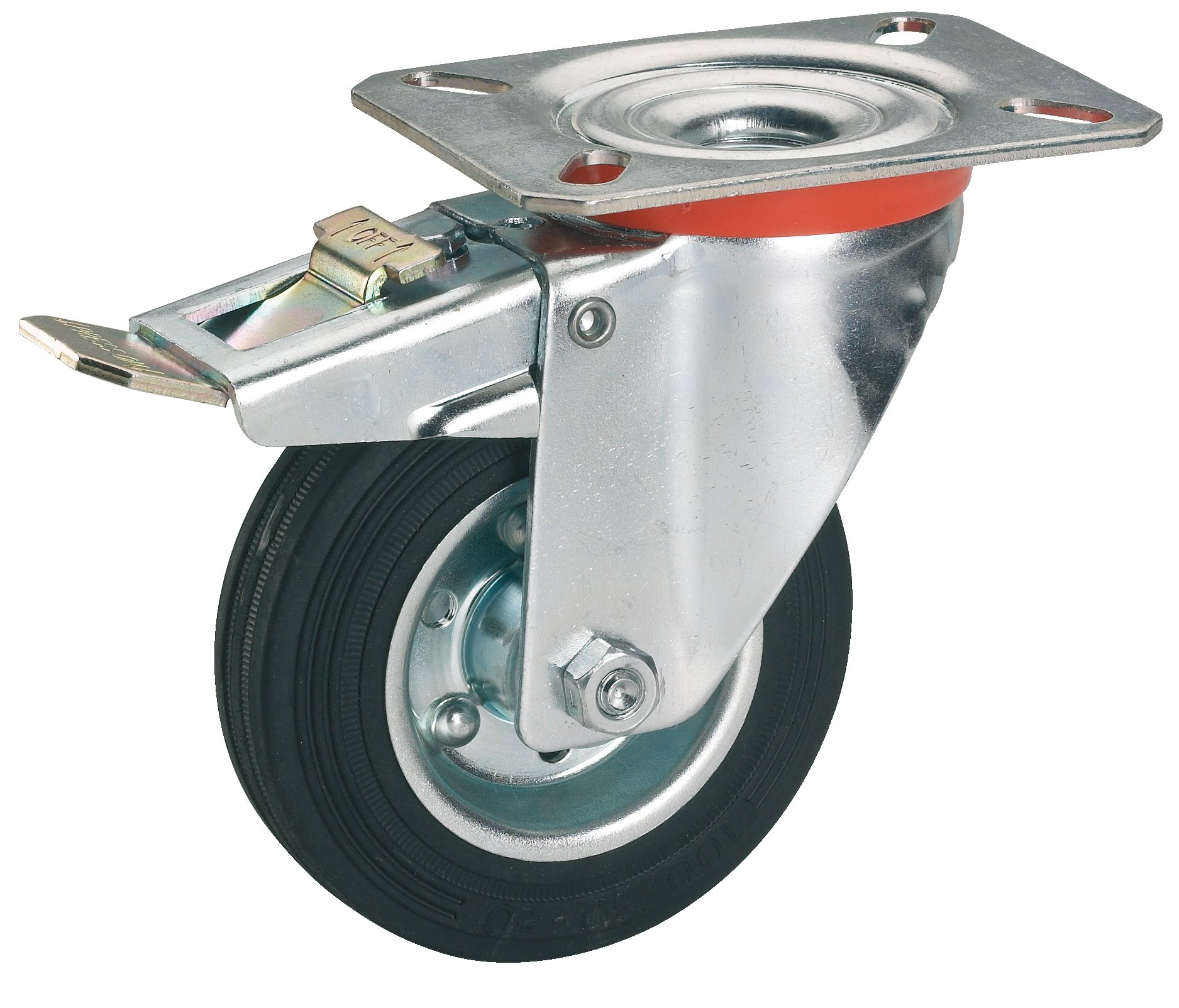 Dörner + Helmer Solid Rubber Castor with Total Lock, 125 mm x 37 mm, 100 kg Load Capacity, 100 mm x 85 mm Plate, with Brake