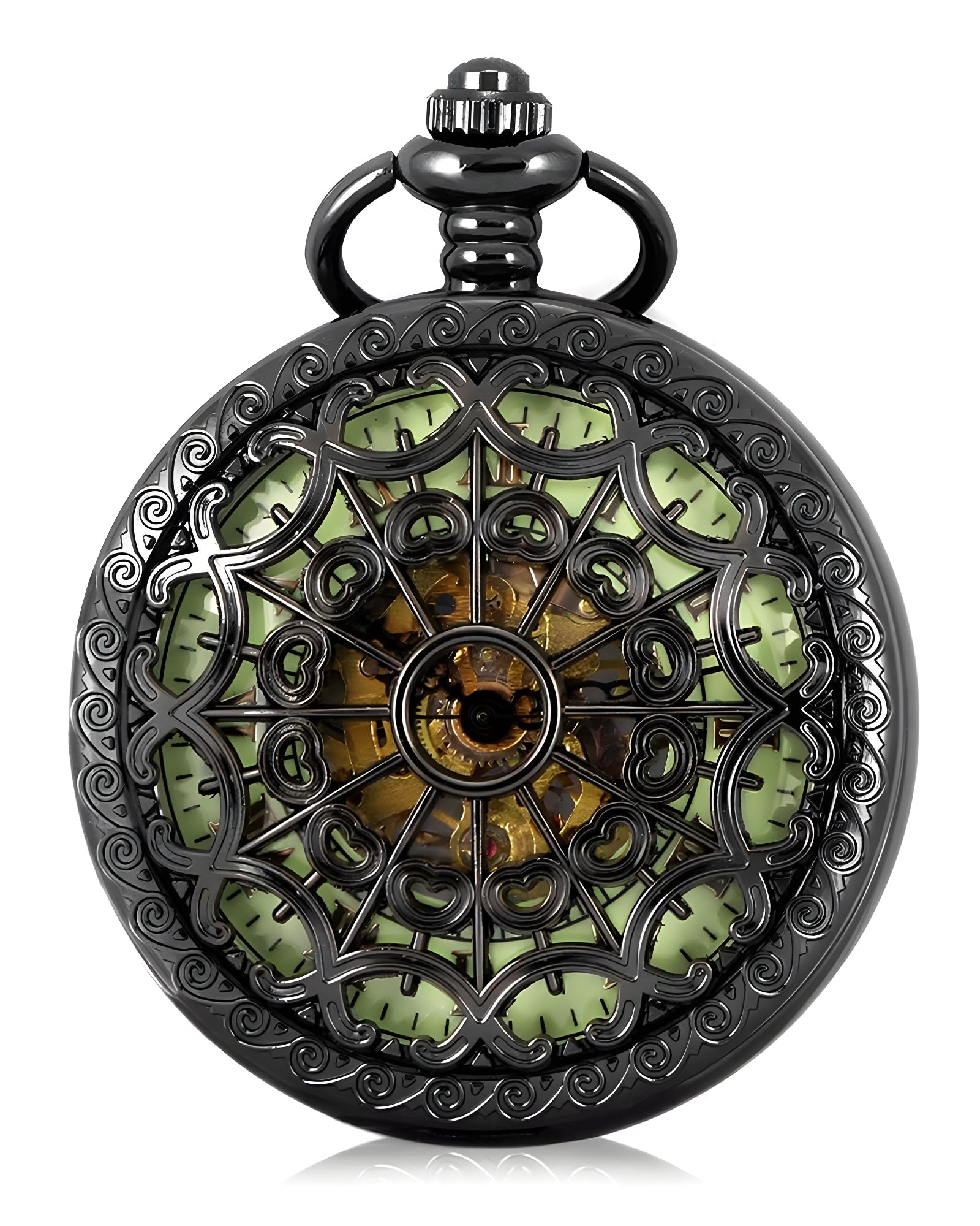 Carrie Hughes Mens Cobweb Black Steampunk Skeleton Pocket Watch with Chain in Box CHPW4