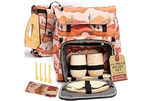LAX AND DAISY Lax & Daisy Travel Picnic Backpack for 2 Persons - 14 Piece Set Cooler Bags Insulated for Beach, Camping, Hiking & Parks with Blanket, Tumblers, Plates, Gold Cutlery & Cutting Board (Cactus Print)