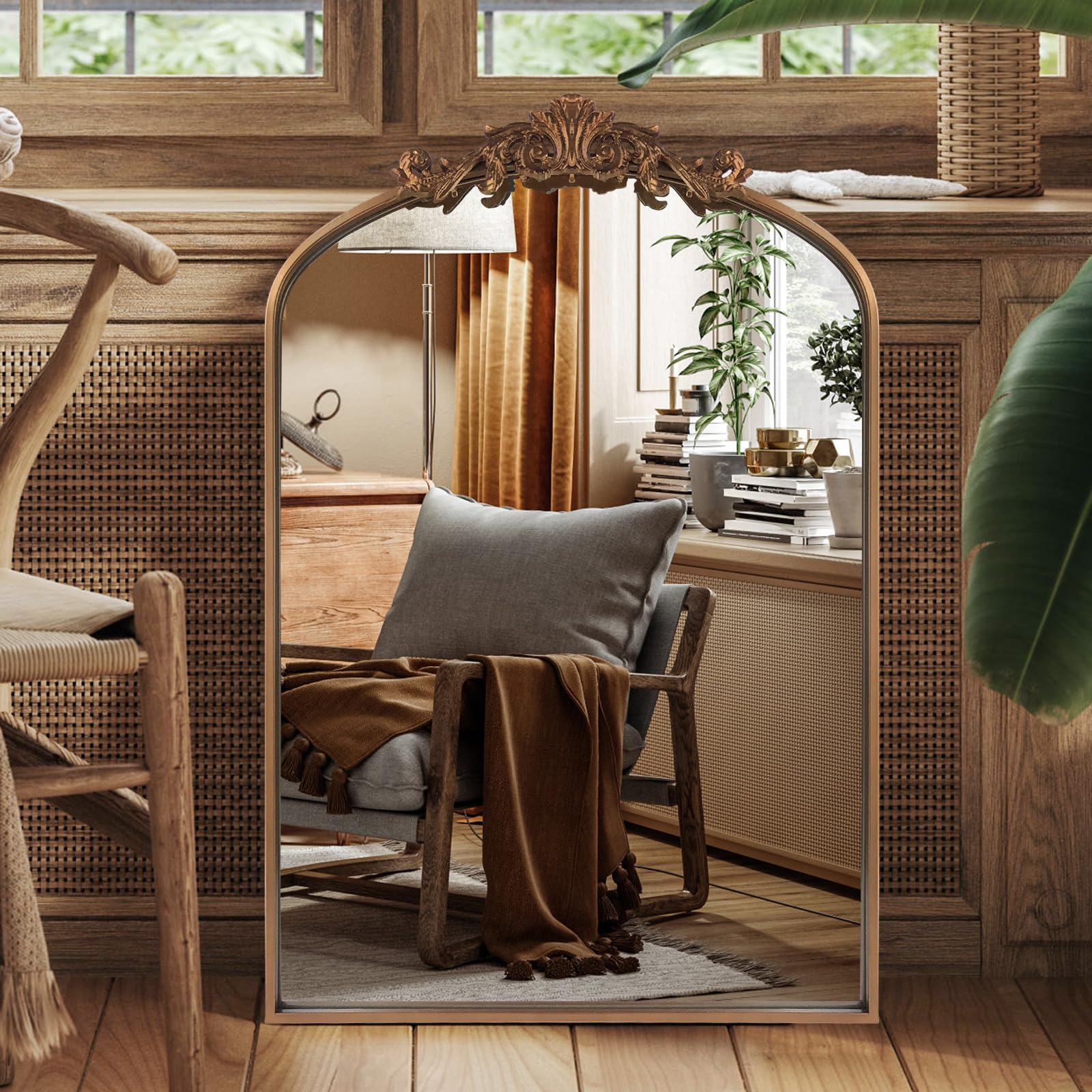 HQiJun Wall Mirror Window Decorative Traditional Vintage Ornate Baroque Mirrors Antique Arched Farmhouse for Living Room Bedroom Entryway Bathroom Vanity (24 * 36 * 1.2, Gold)