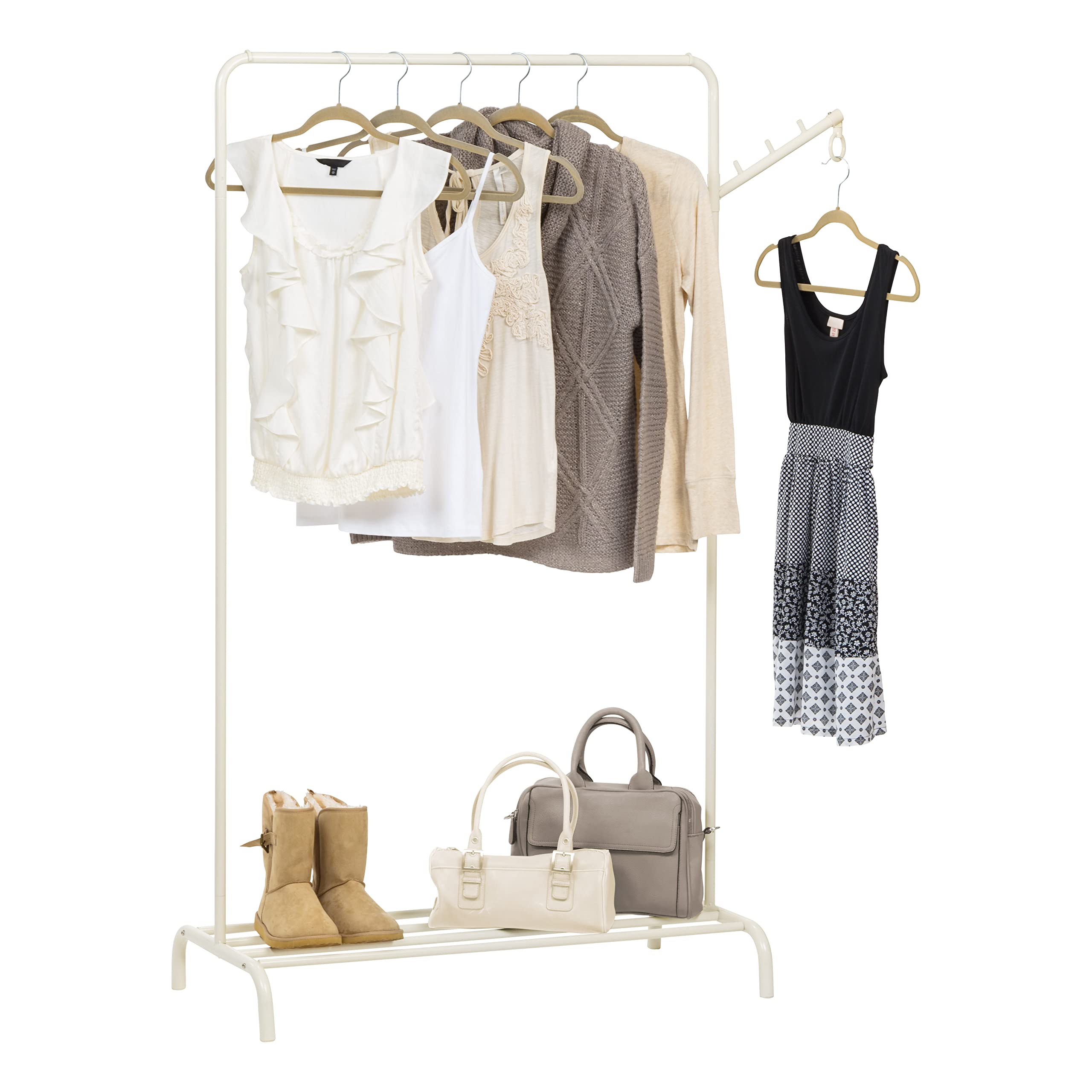 IRIS USA Clothes Rack with 2 Wood Shelves, Freestanding Clothing Racks for Hanging Clothes, Easy to Assemble, Standing Metal Sturdy Garment and Accessories Rack, Plant Stand, White Image