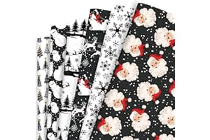 Vnaaem Black Christmas Wrapping Paper 6 Style Santa Wrapping Paper Bulk Folded Flat Retro Reindeer Christmas Tree Art Paper for Birthday Christmas Baby Shower DIY Crafts Gift Wrapping, 20 x 28 Inch(6 Pcs)