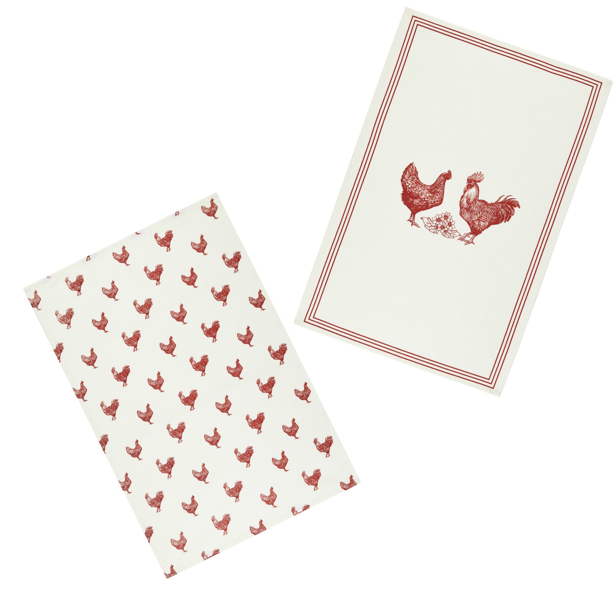 KitchenCraft 'French Hen' 1% Cotton Printed Chicken Tea Towels, 7 x 47 cm - Cream / Red (Set of 2)