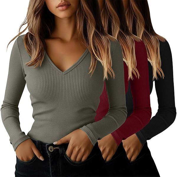 Oakgarden 4 Pack Women Long Sleeve Shirts, 95% Cotton V Neck