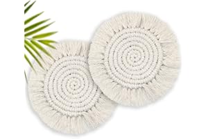 COOMIN 7.4in Boho Coasters Set of 2, Cute Drink Coasters Absorbent for Desk, Farmhouse Handmade Woven Macrame Coaster for Mugs Cups - Home Decor Housewarming Gift, Round Beige