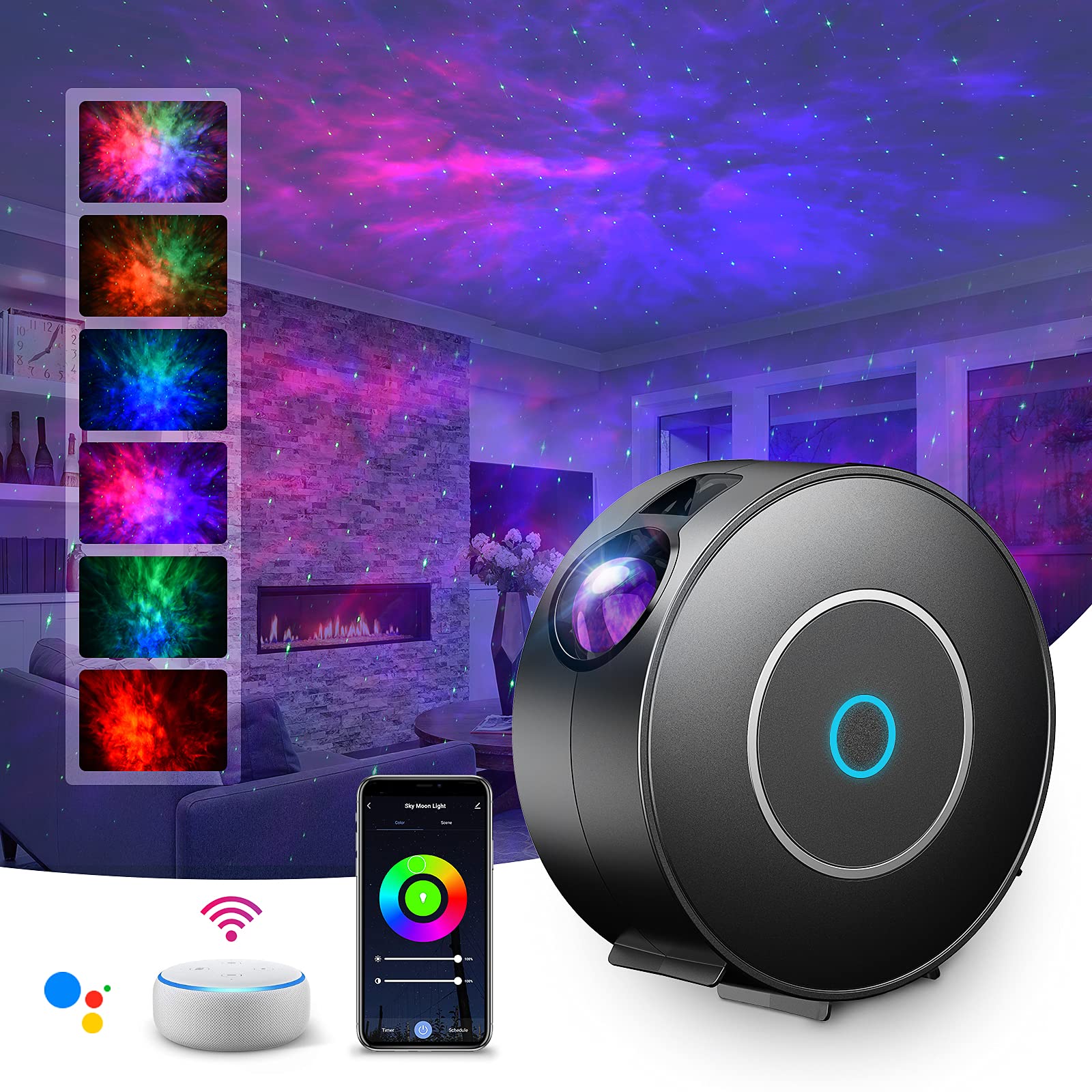 SUPPOU LED WiFi Galaxy Projector, Smart Night Light Kids Adults 3D Star Projector Light with RGB Adjustment/Voice Control/WiFi/Timer Compatible Alexa Google Assistant for Room Decor