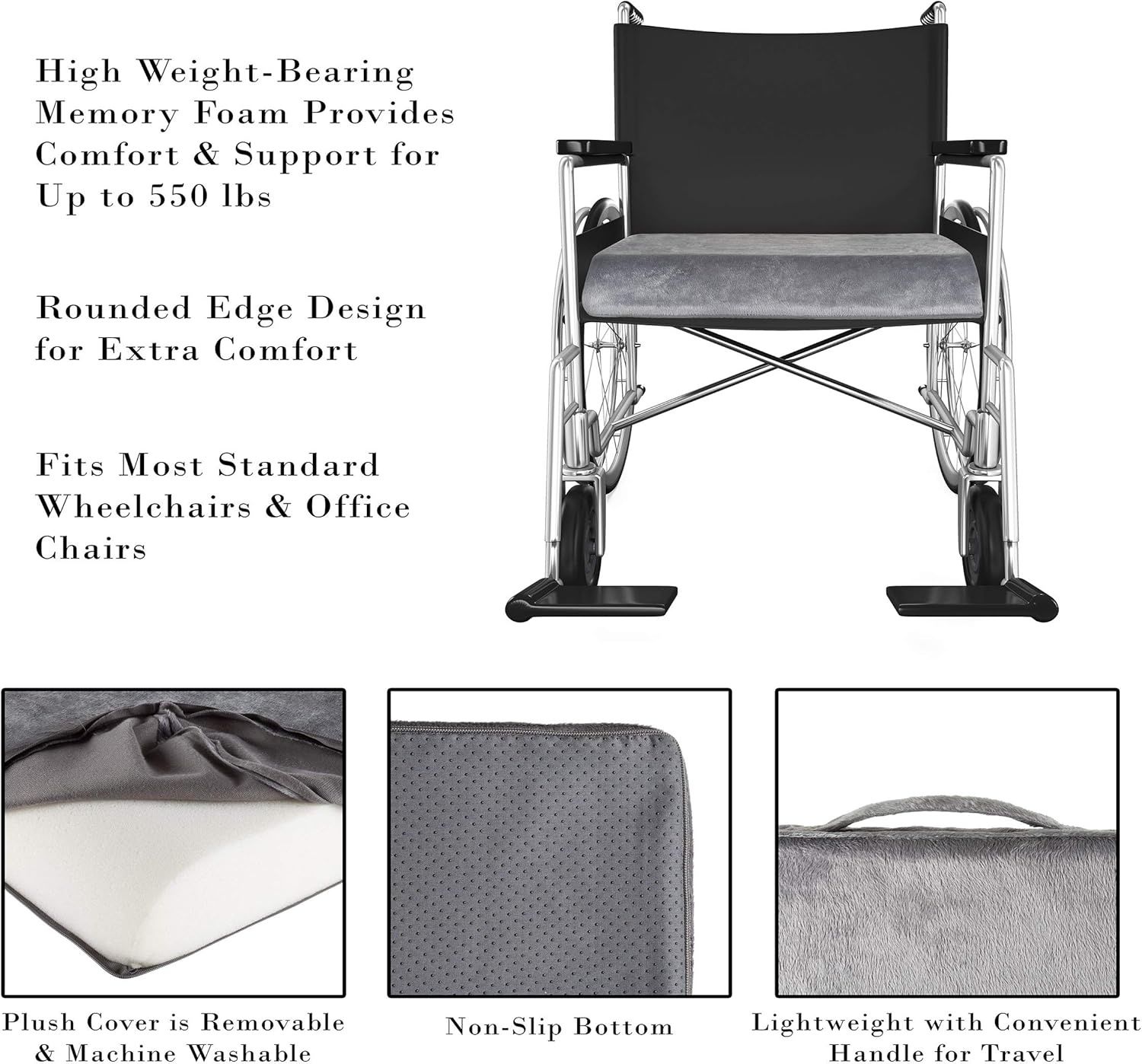 Bluestone Memory Foam Seat Cushion-3” Thick Wheelchair, Desk, Car, 3", Grey: Kitchen & Dining
