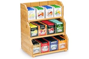 XFXS Tea Bag Organizer, 3 Layer Stackable Bamboo Box Organizer Storage Box, Wooden Tea Holder with 12 Compartments Natural Wood & Acrylic for Countertop Kitchen Cabinet Pantry (3 Tier)