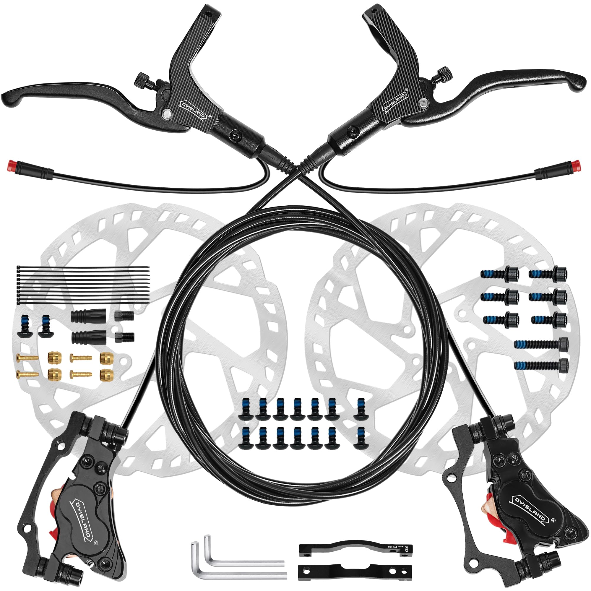 Photo 1 of DYISLAND E-Bike Hydraulic Disc Brake Set 4-Pistons/2-Pistons, 2-PIN/3-PIN Pre-Bled with Mineral Oil Brakes Kit?Front and Rear Set?180mm 2.3mm Thick Rotors (Black/4-Pistons/2-PIN/F1100mm*R1900mm)