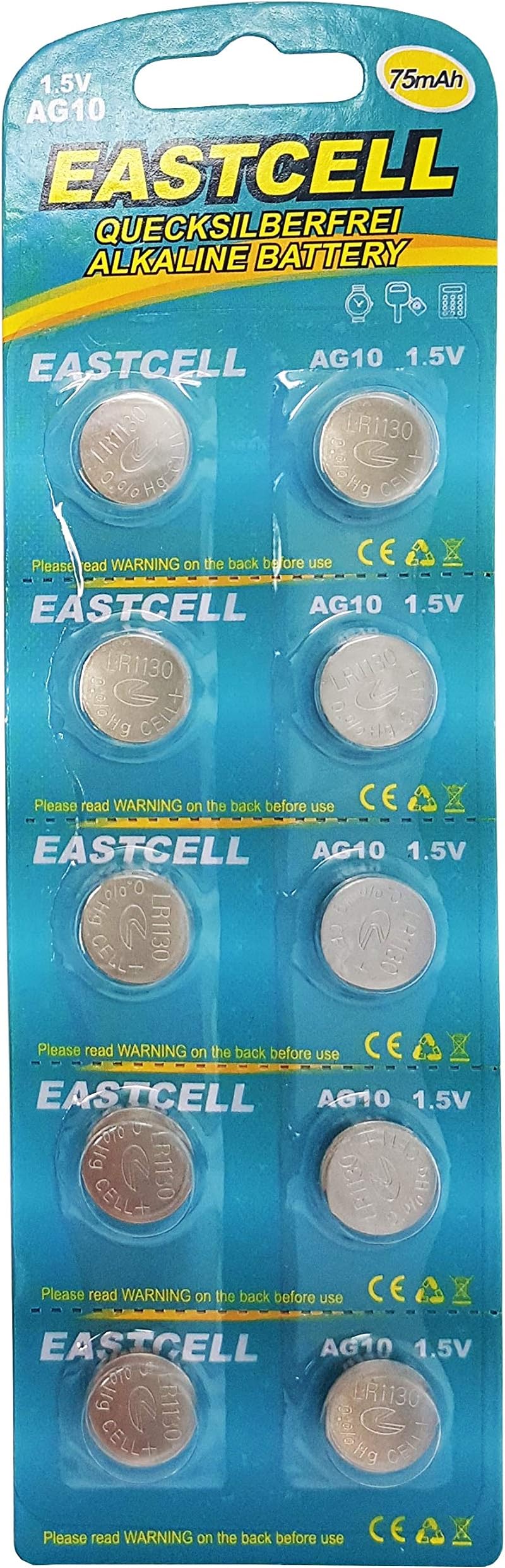 EASTCELL 10 x AG10 1.5 V Mercury-Free 70 mAh (1 BLISTER Ercard 10 Batteries LR54 189 L1130 Licensed Product