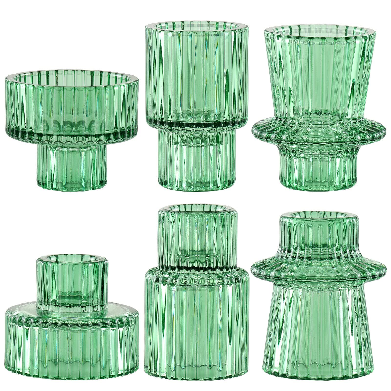 SPETYORT Clear Glass Candle Holders for Pillar Candles - Tabletop Decorative Candlestick Holders Set of 3 Fashion Taper Candle Stand for Dinner Wedding Party (Green, 6PCS)
